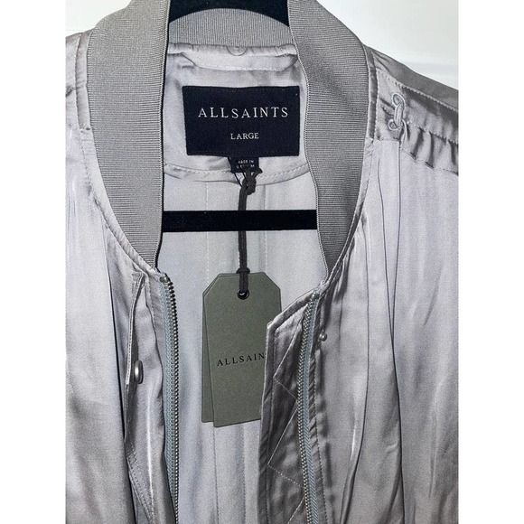 NWT All Saints Ellis ruched-sleeve Bomber Jacket Silver Grey Women Size Large - Picture 4 of 6